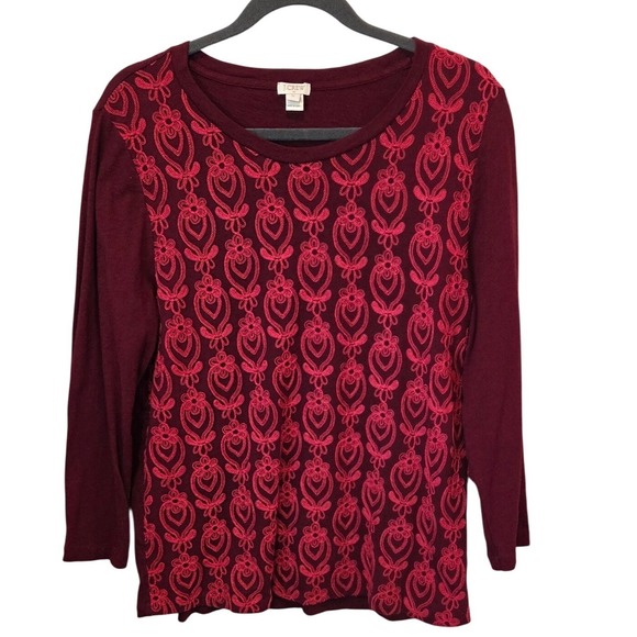 J. Crew Factory Tops - J. Crew XL Burgundy Red Embroidered Long Sleeve Cotton Top